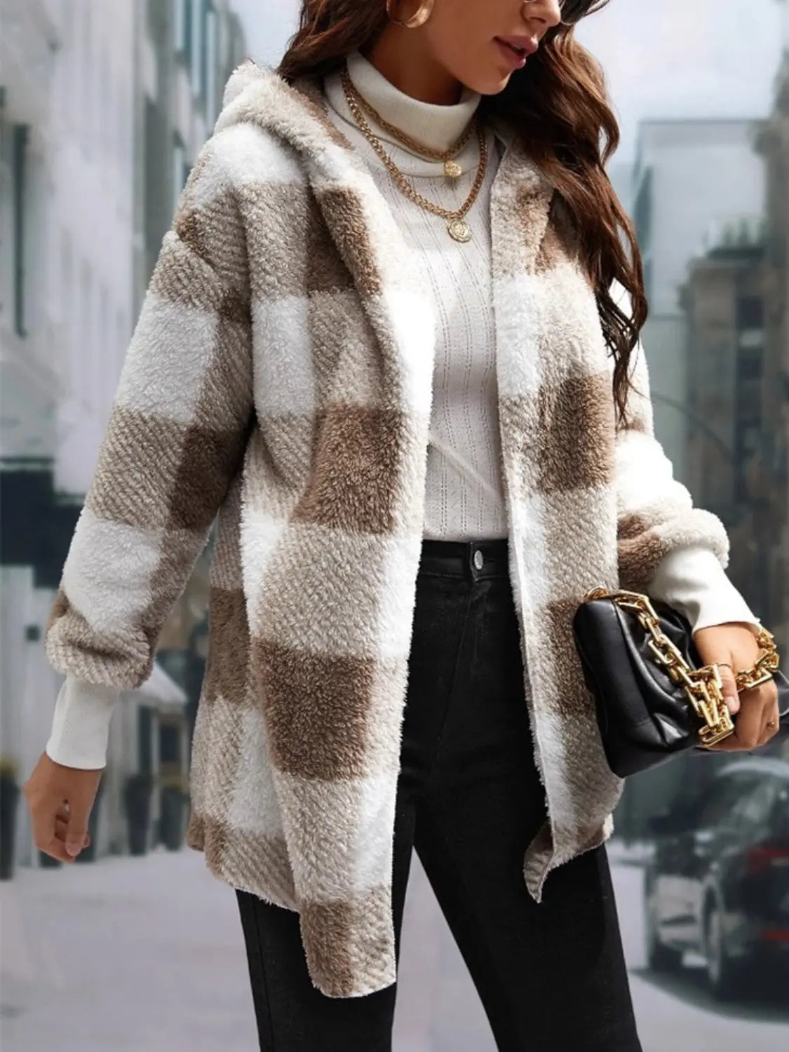 Plaid Long Sleeve Hooded Coat Trendsi