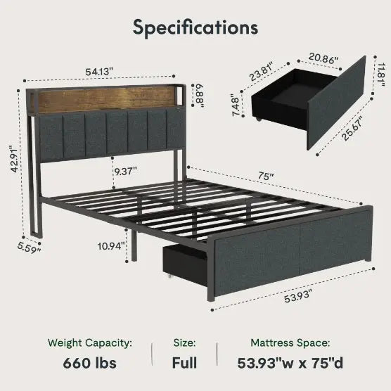 Full Bed Frame With Charging Station And LED Lights - Upholstered Headboard With Storage Shelves Magenta Charlie