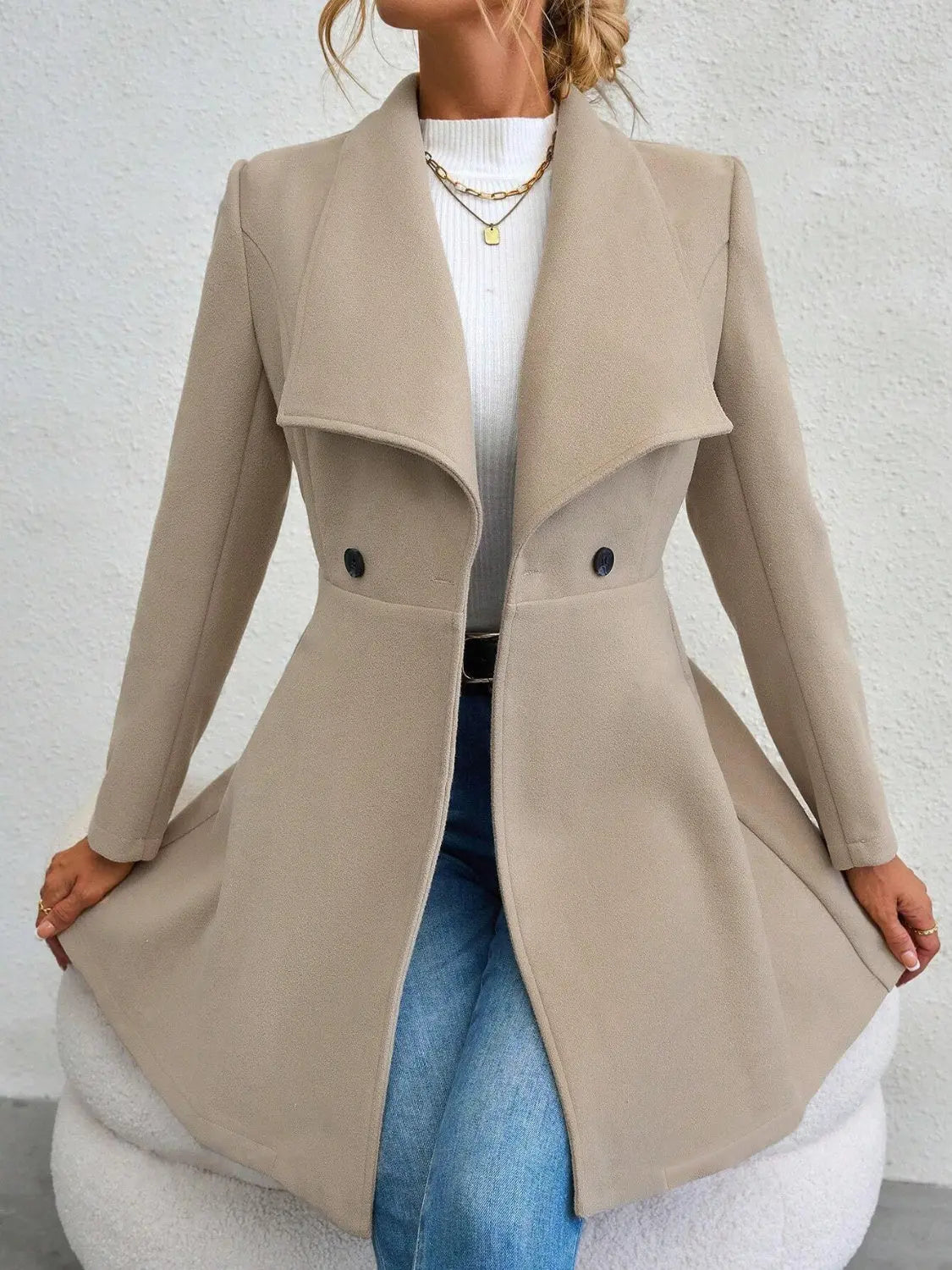 Collared Neck Button Up Long Sleeve Coat Trendsi