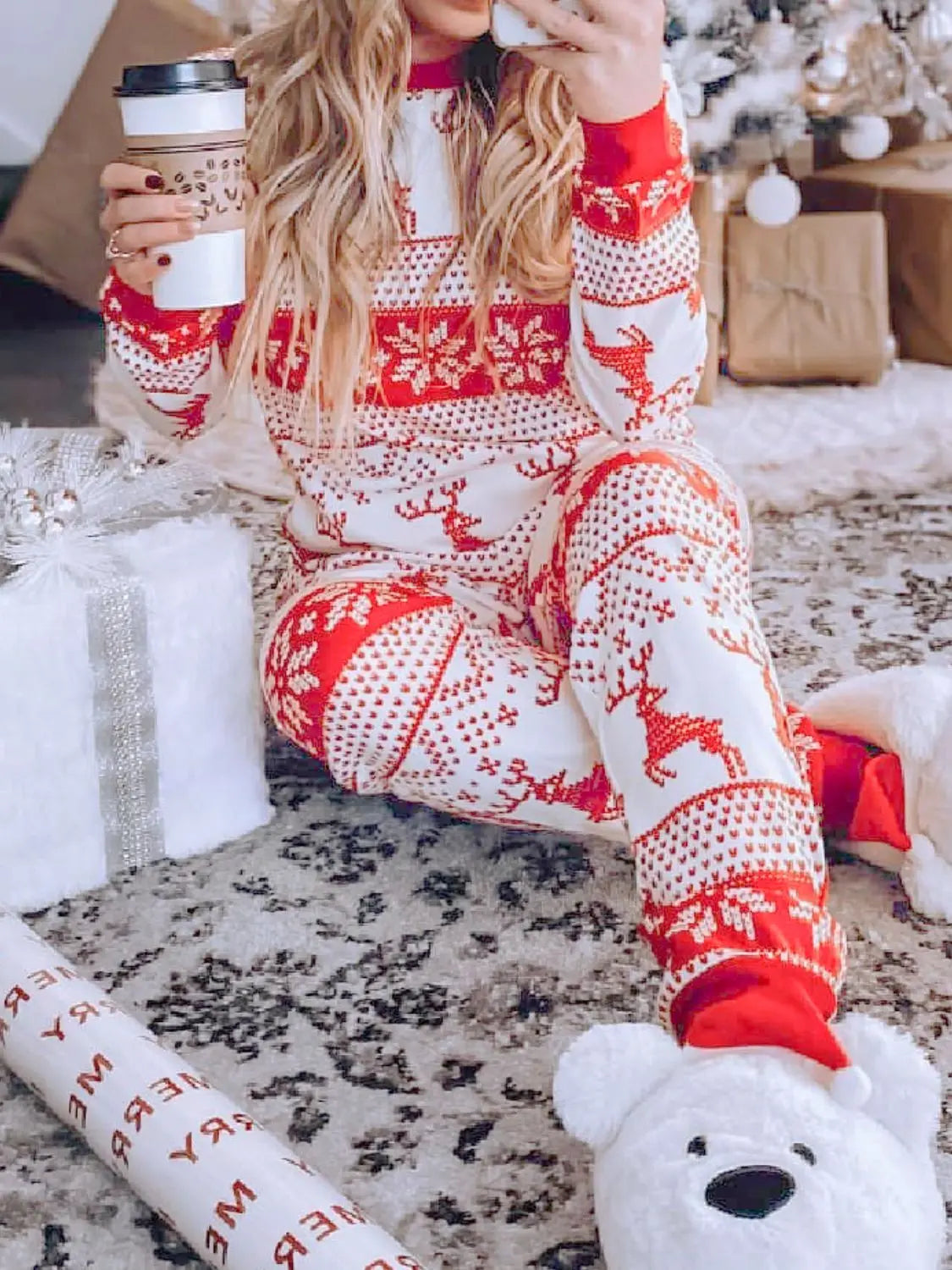 Full Size Christmas Element Round Neck Top and Pants Set Trendsi