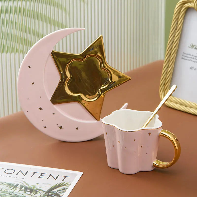 Creative Ceramic Cup With Star And Moon Saucer Magenta Charlie