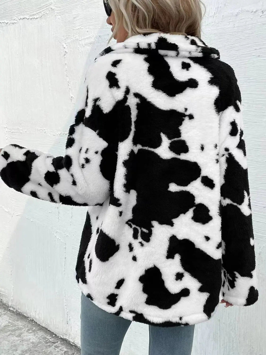 Cow Print Collared Neck Button Up Fuzzy Jacket Trendsi