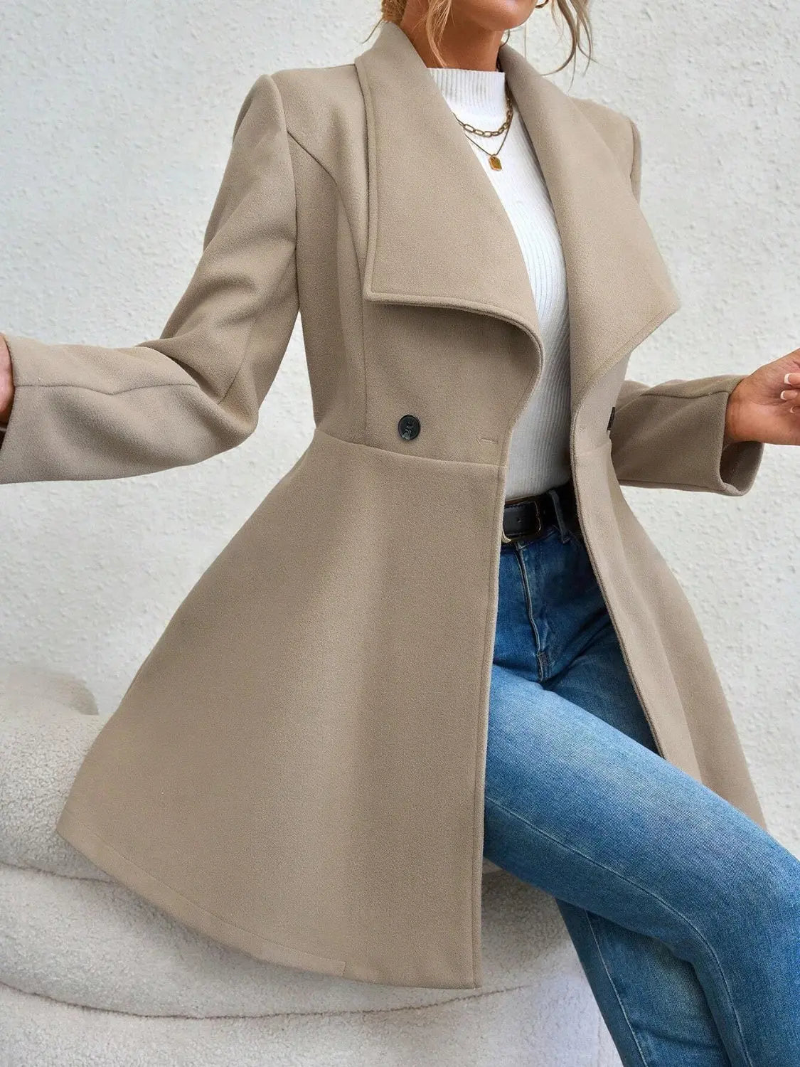 Collared Neck Button Up Long Sleeve Coat Trendsi