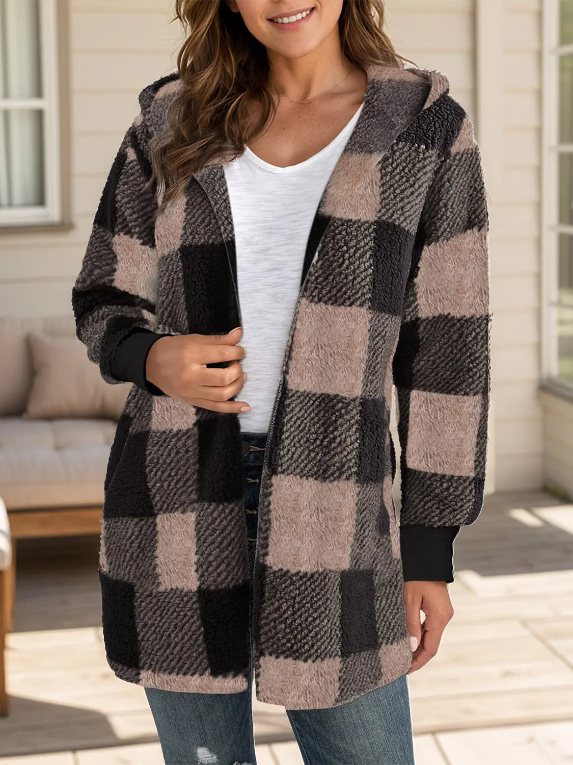 Plaid Long Sleeve Hooded Coat Trendsi