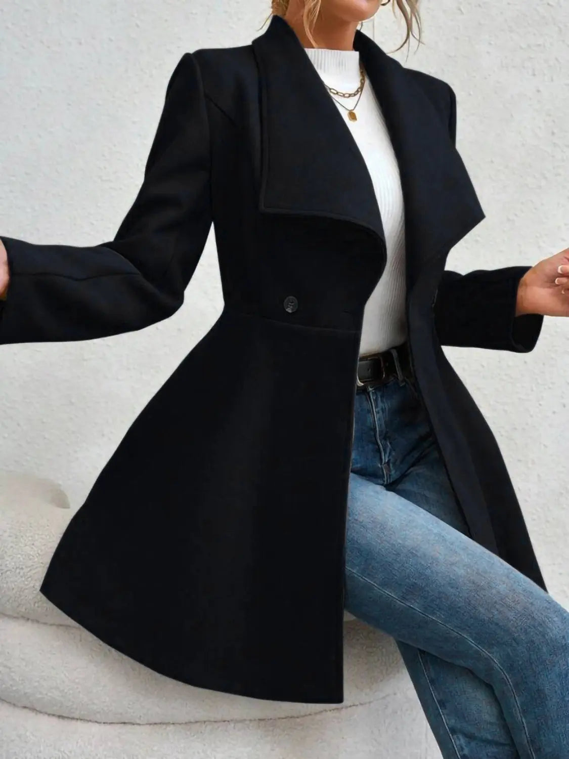 Collared Neck Button Up Long Sleeve Coat Trendsi