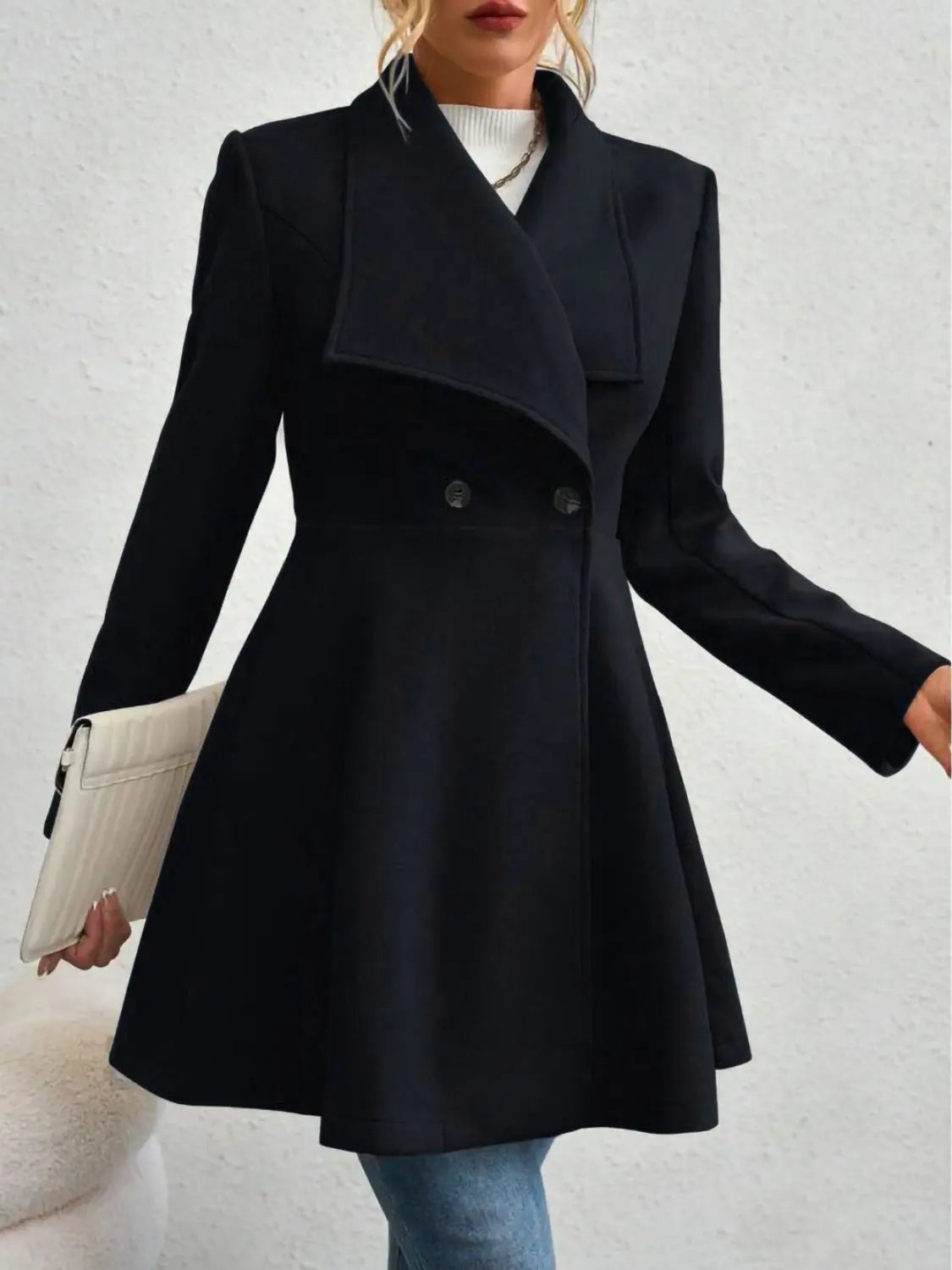 Collared Neck Button Up Long Sleeve Coat Trendsi