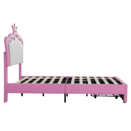 Twin Size Upholstered Bed Frame With LED Lights, Modern Upholstered Princess Bed With Crown Headboard, A Drawer Magenta Charlie