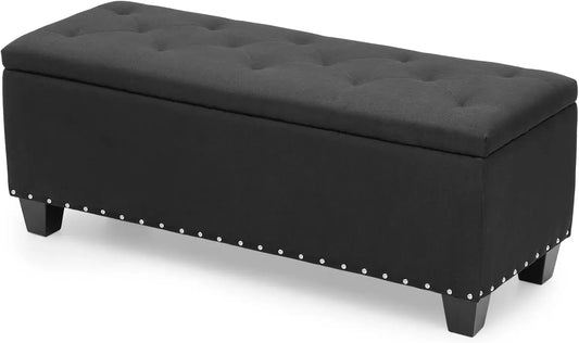 Fabric Storage Chest with Memory Foam Seat Footrest Padded Upholstered Tufted for Bedroom, Holds Up to 660lbs (Linen Black) The Zebra Effect