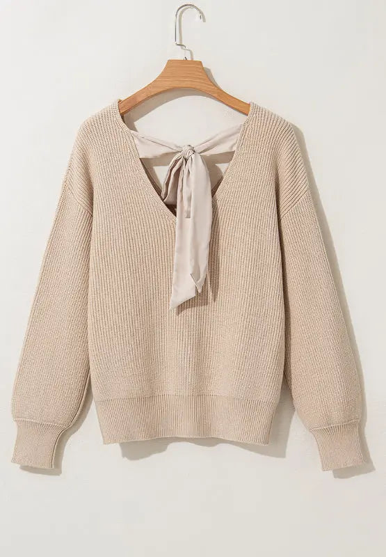 Tied Back V-Neck Long Sleeve Sweater Trendsi