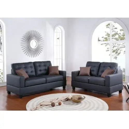 Living Room Furniture 2pc Sofa Set Black Faux Leather Tufted Sofa Loveseat W Pillows Cushion Couch Magenta Charlie