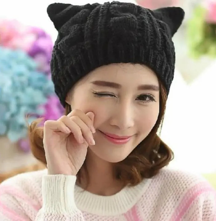 Hand Made 3D Cute Knitted Cat Ear Beanie For Winter Magenta Charlie