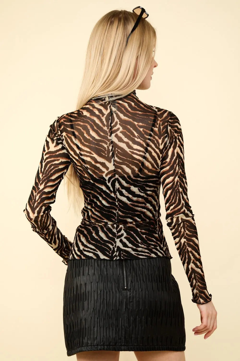 VERY J  Zebra Print Mock Neck Sheer Mesh Blouse Trendsi