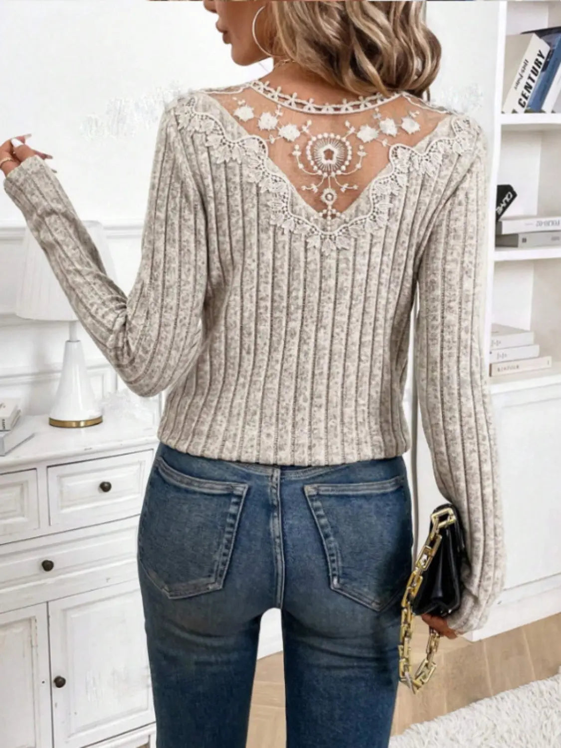 Lace Detail V-Neck Long Sleeve T-Shirt Trendsi