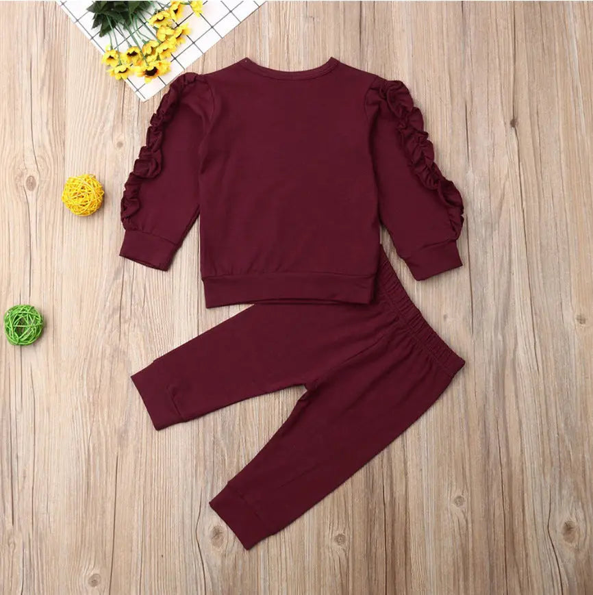 Newborn Baby Boys Girls Ruffles Jumper Solid Long Sleeve Sweatshirt Tops Pants Infant Kids 2Pcs Outfits Clothes Set Fall Clothes Magenta Charlie