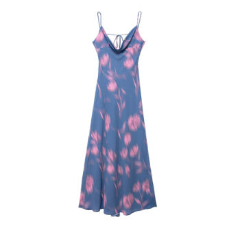 Draped Collar Printing Slip Dress Women Magenta Charlie