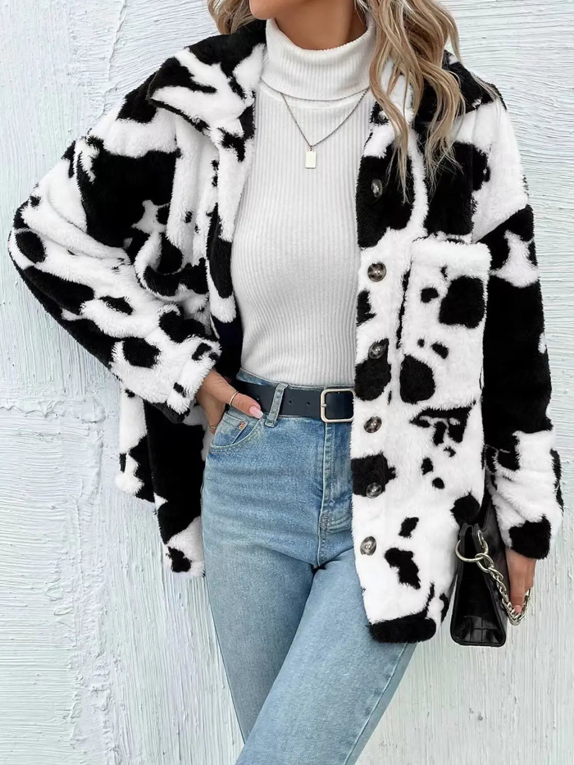 Cow Print Collared Neck Button Up Fuzzy Jacket Trendsi