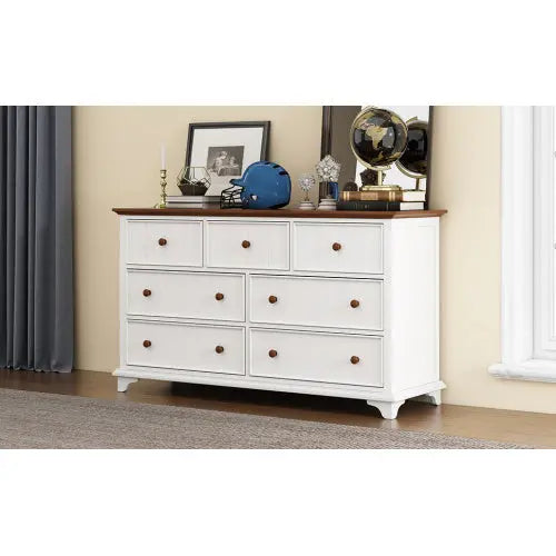 Wooden Captain Seven-Drawer Dresser For Bedroom, Living Room, Kids' Room, White Walnut The Zebra Effect