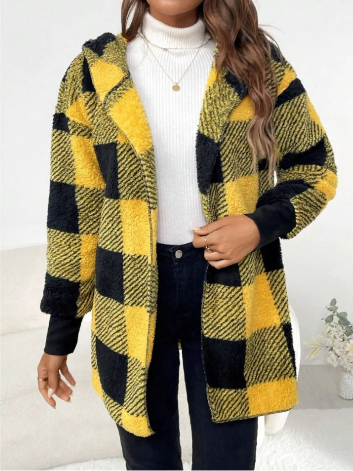 Plaid Long Sleeve Hooded Coat Trendsi