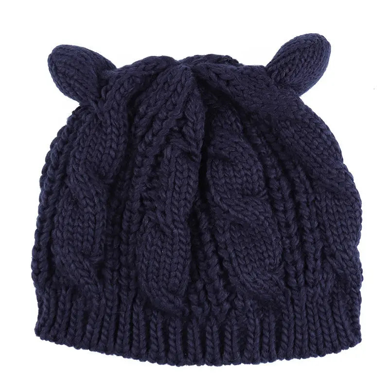 Hand Made 3D Cute Knitted Cat Ear Beanie For Winter Magenta Charlie