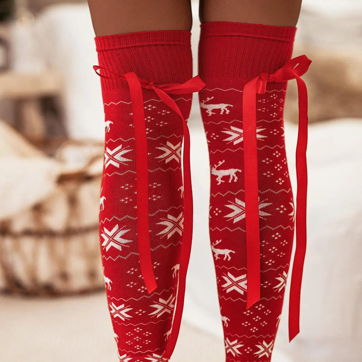 Christmas Element Bowknot Ribbed Trim Over Knee Stockings Trendsi