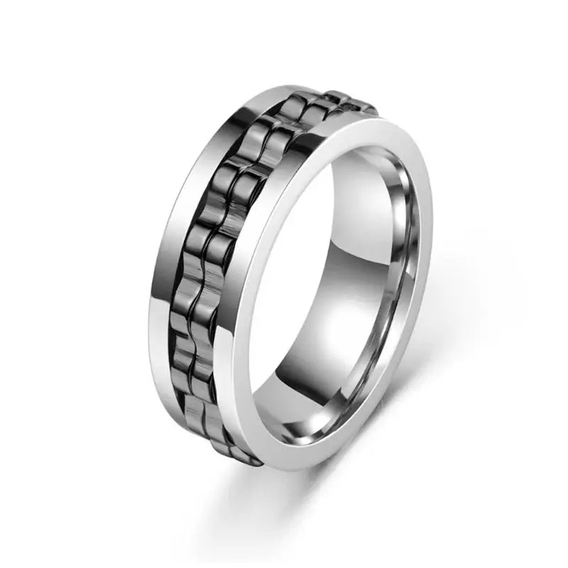 Titanium Spinner Square Texture Ring For Men High Polished Stainless Steel Gear Rotating Anxiety Fidget Rings Charm Jewelry The Zebra Effect