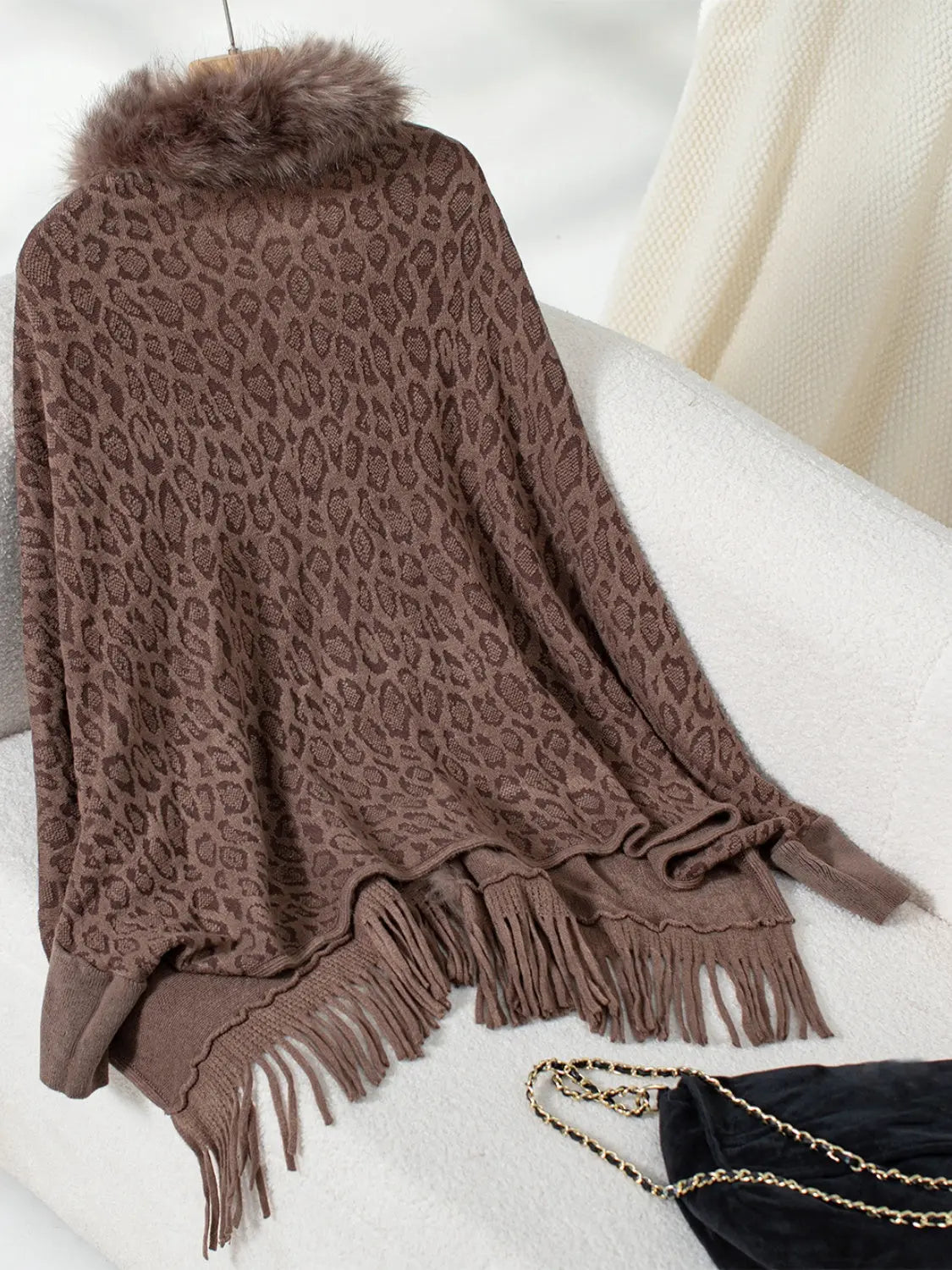 Fringe Leopard Open Front Long Sleeve Poncho Trendsi