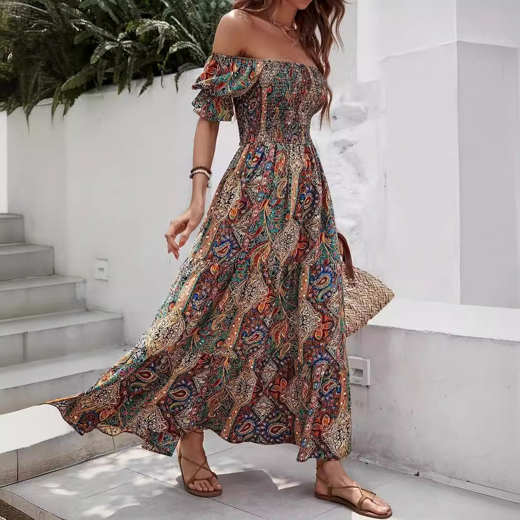 Vacation Style Off-shoulder Princess Sleeves Dress Magenta Charlie