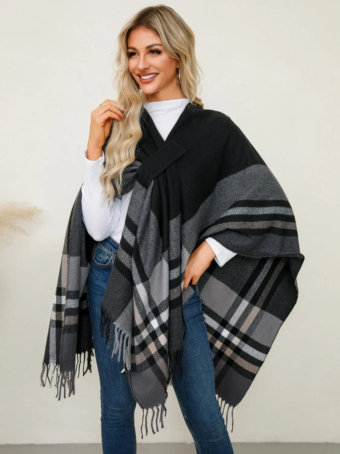 Fringe Contrast Plaid Poncho Trendsi