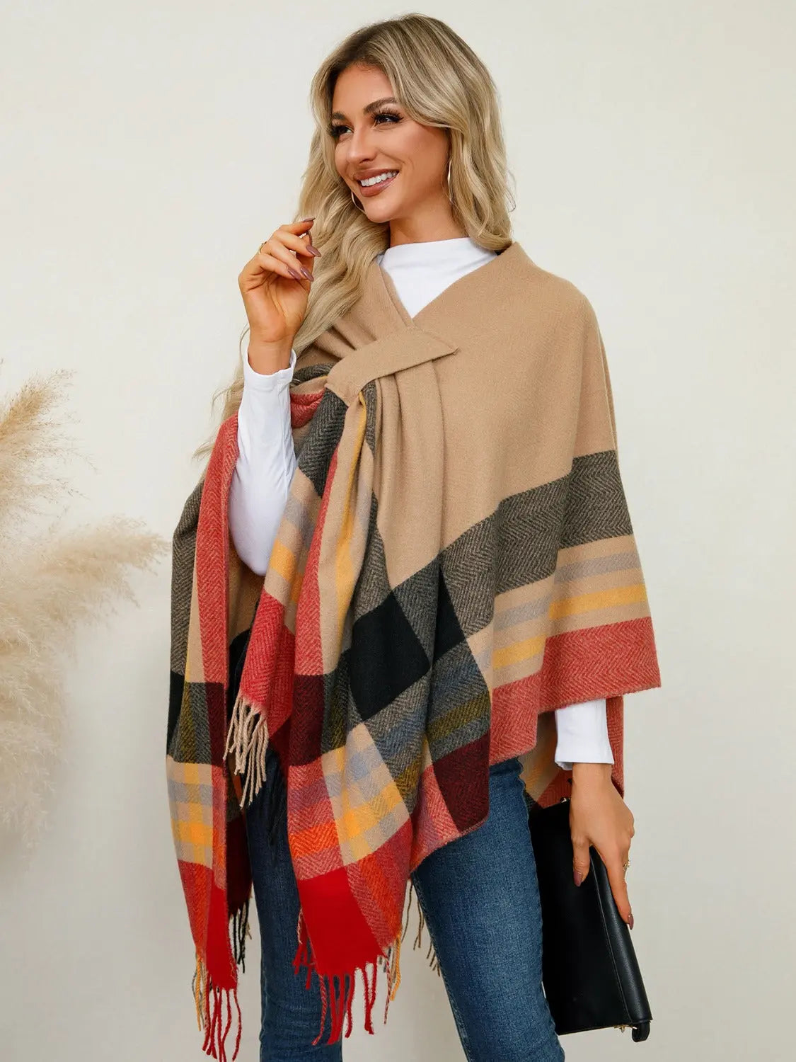 Fringe Contrast Plaid Poncho Trendsi