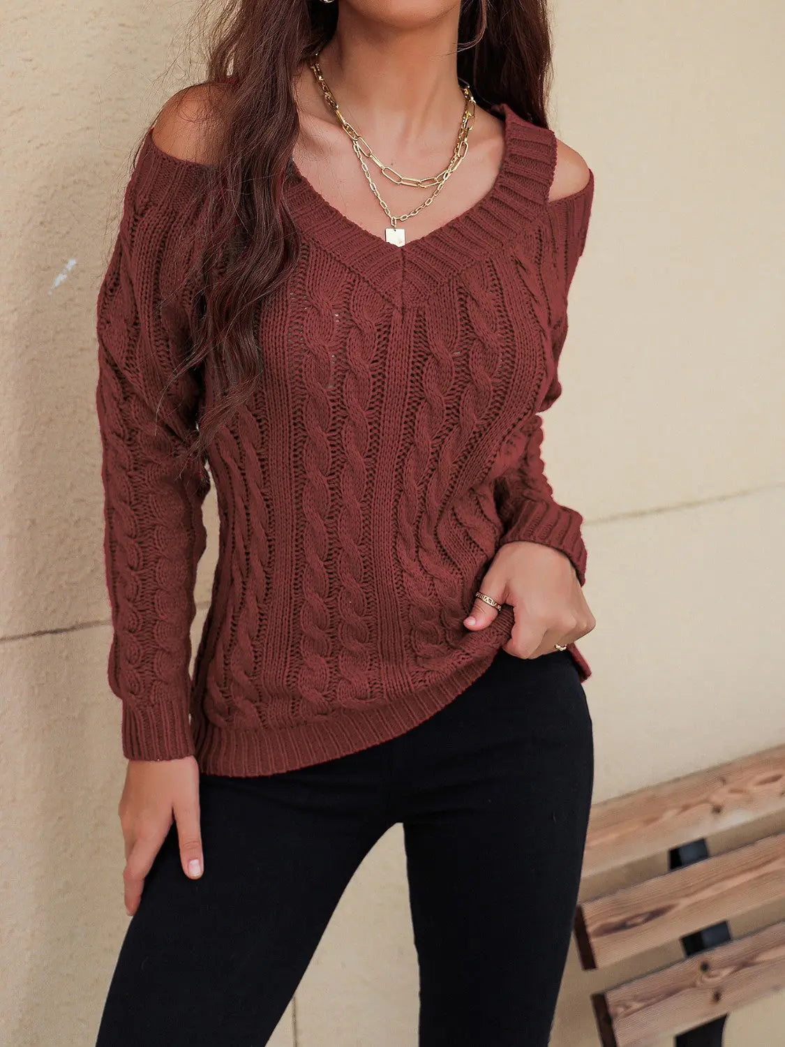 Honey Cable-Knit V-Neck Cold Shoulder Sweater Trendsi