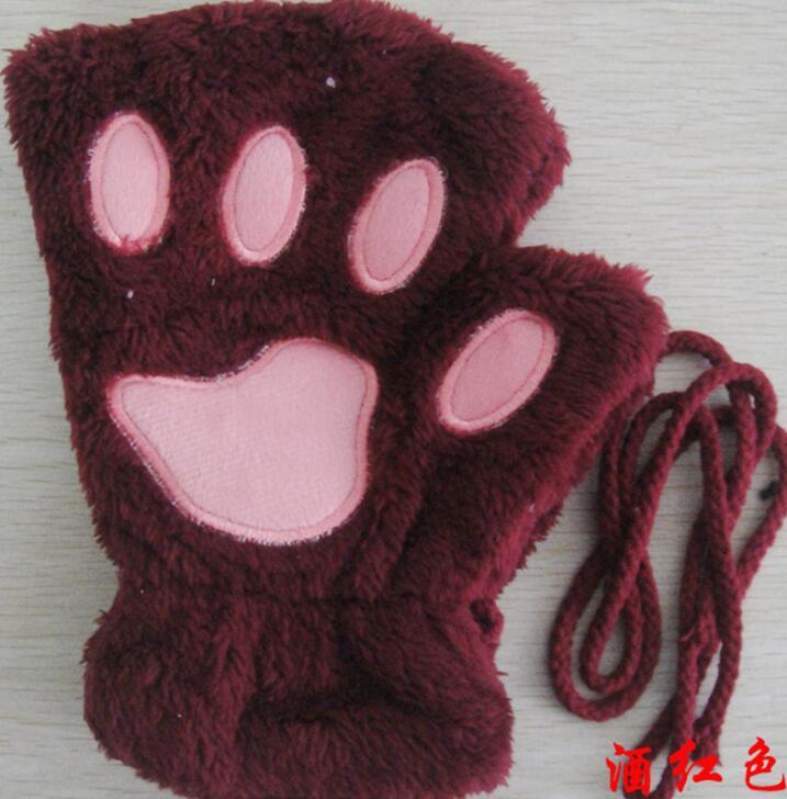 Winter Lovely Half Cover Paw Bear Cat Claw Gloves Short Finger Magenta Charlie