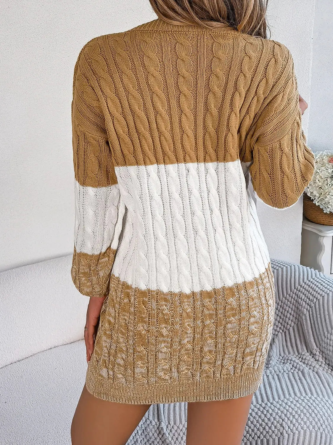 Cable-Knit Round Neck Color Block Sweater Dress Trendsi