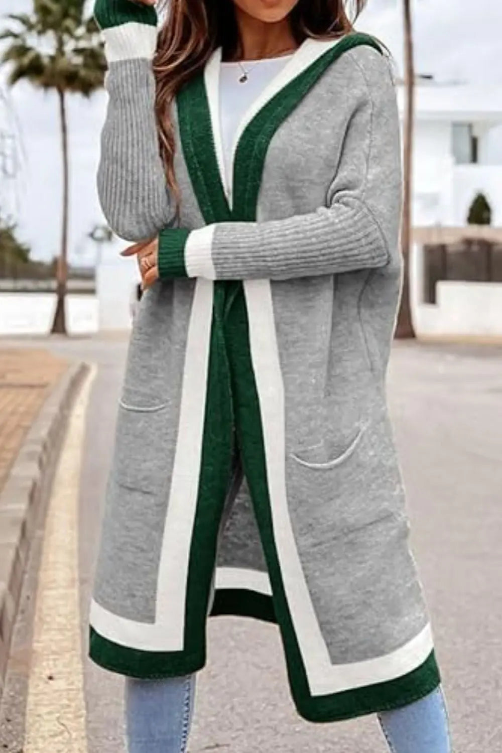 Pocketed Contrast Long Sleeve Hooded Cardigan Trendsi