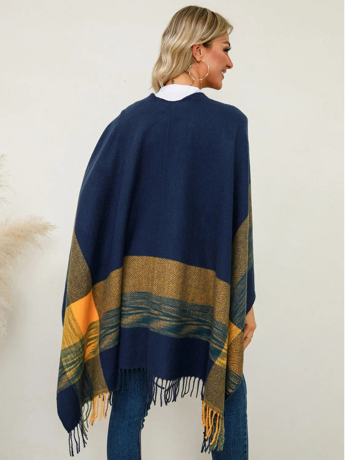 Fringe Contrast Plaid Poncho Trendsi