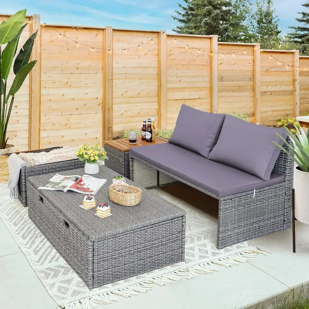 Patio Day Bed with 2 Side Tables Outdoor Daybed Set MultifunctionalRattan Lounge Bed for Backyard Porch Poolside Lawn Beach The Zebra Effect