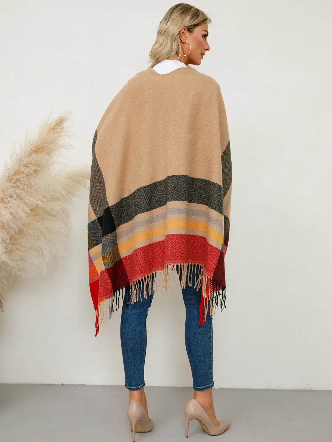 Fringe Contrast Plaid Poncho Trendsi