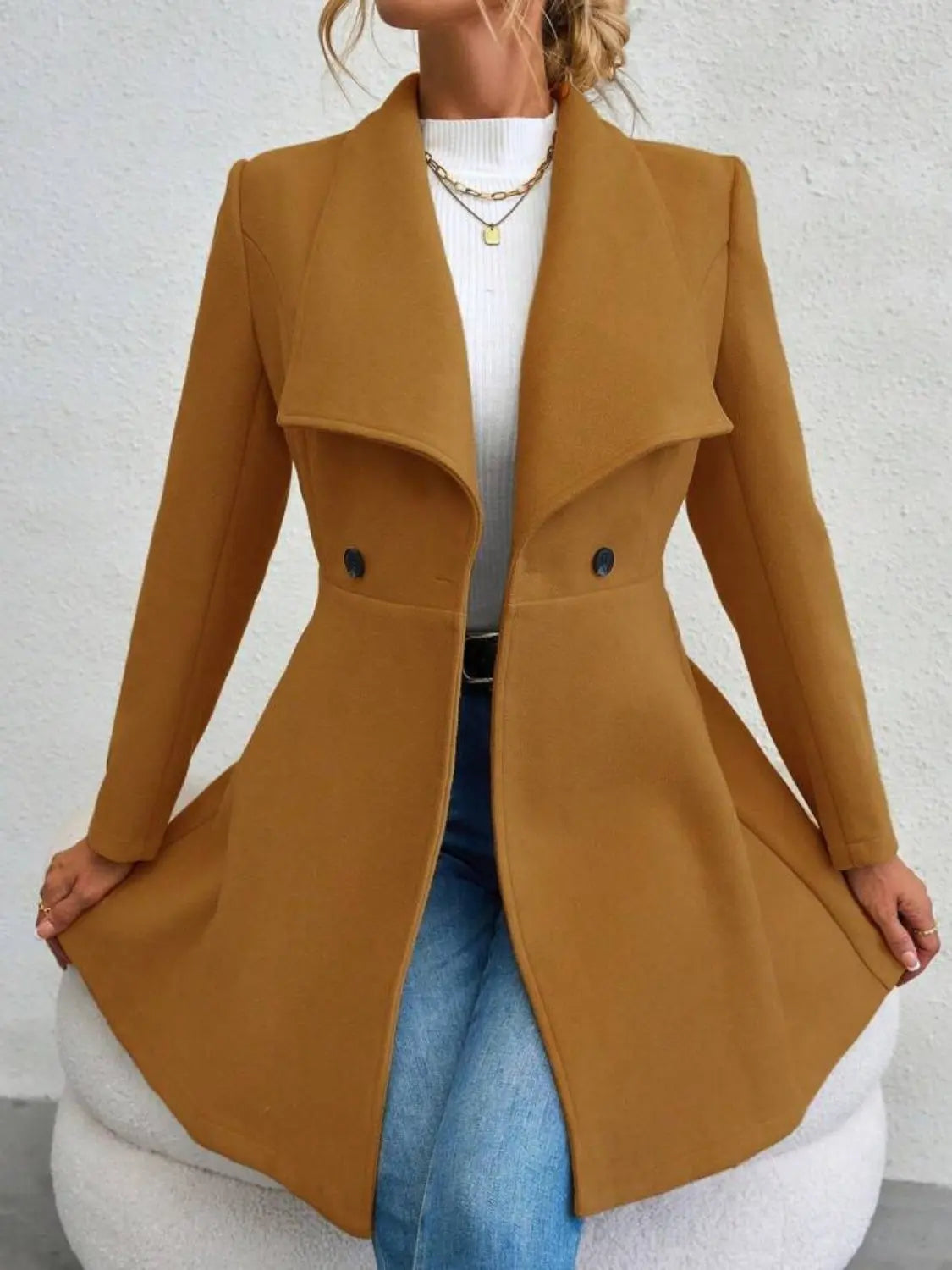 Collared Neck Button Up Long Sleeve Coat Trendsi