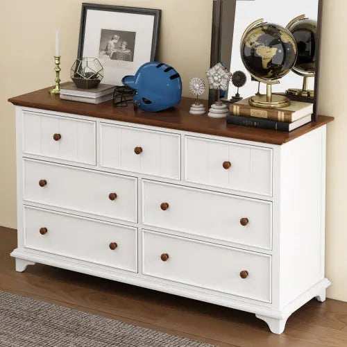 Wooden Captain Seven-Drawer Dresser For Bedroom, Living Room, Kids' Room, White Walnut The Zebra Effect