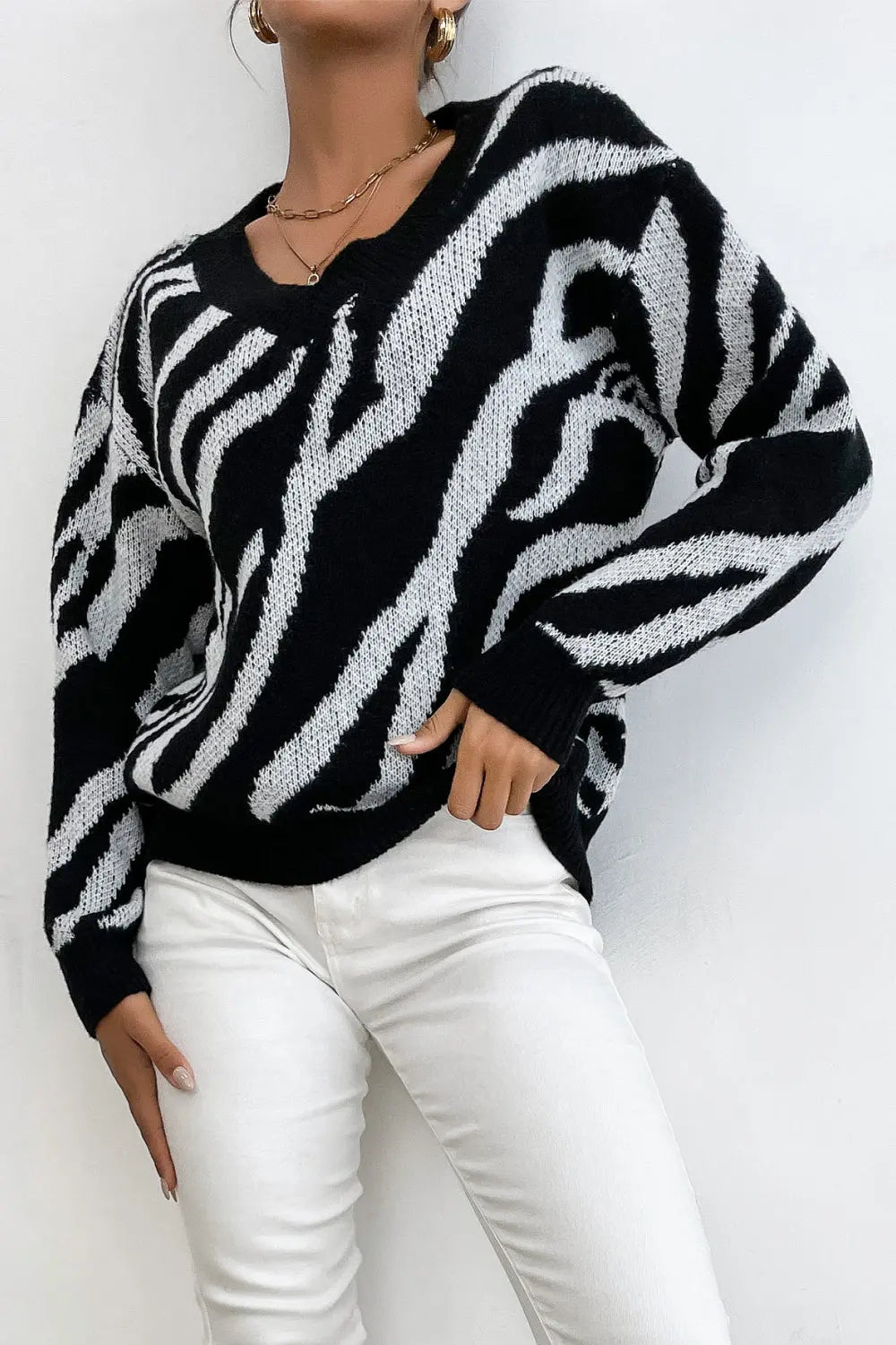 Perfee Zebra Print Sweater Trendsi