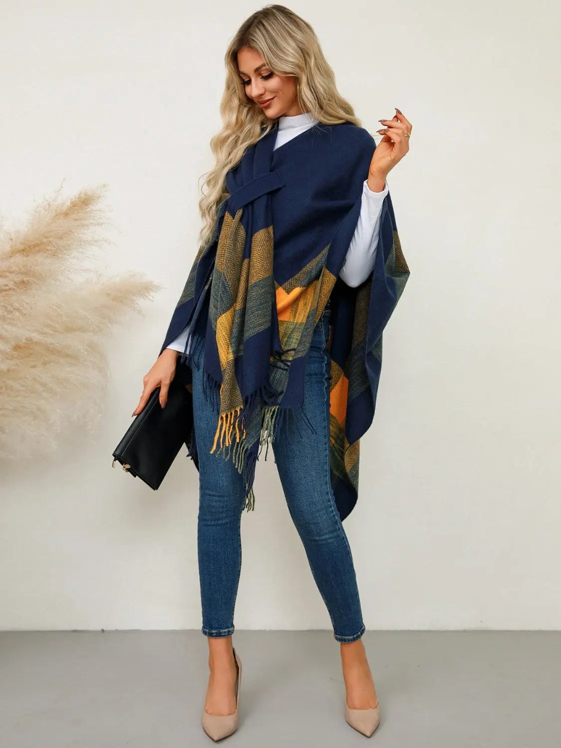 Fringe Contrast Plaid Poncho Trendsi