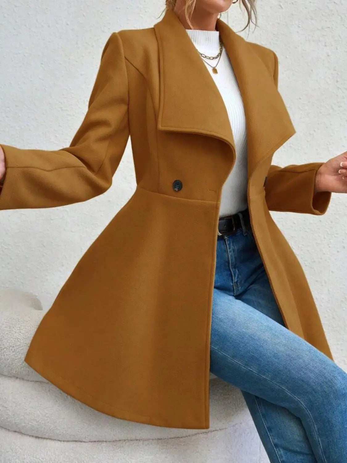 Collared Neck Button Up Long Sleeve Coat Trendsi