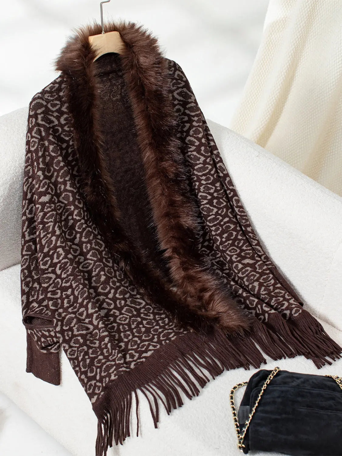 Fringe Leopard Open Front Long Sleeve Poncho Trendsi