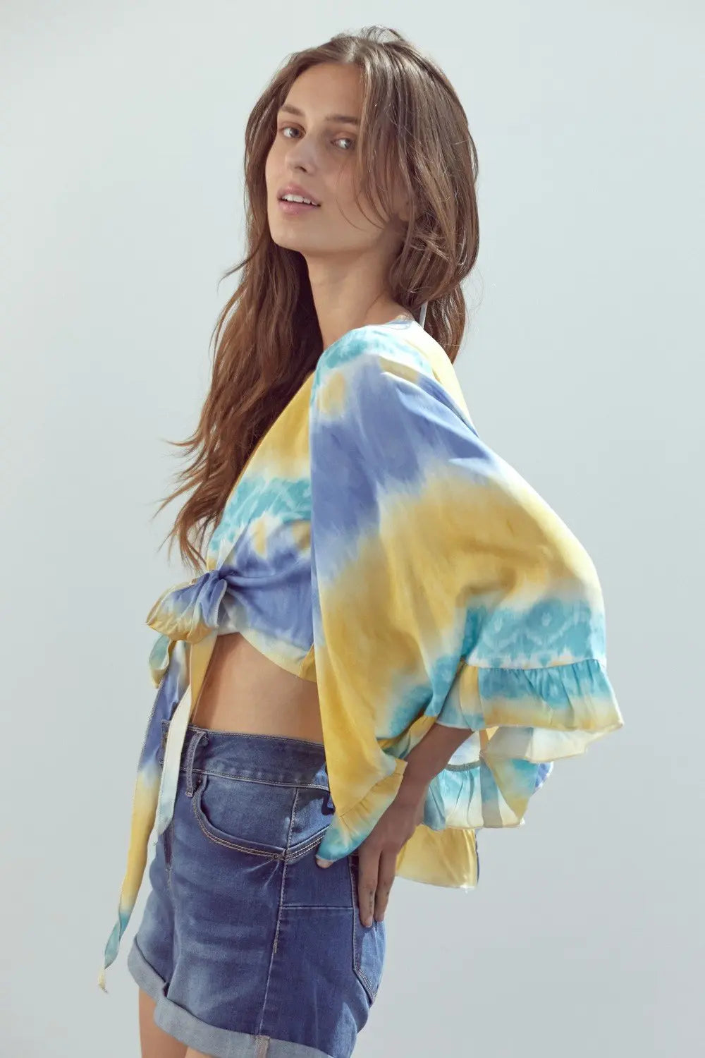 Bell-Sleeve Tie-Dye Crop Top with Flowy Sleeves Indigo Arrowwood