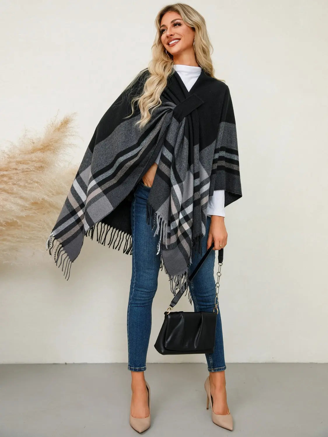 Fringe Contrast Plaid Poncho Trendsi