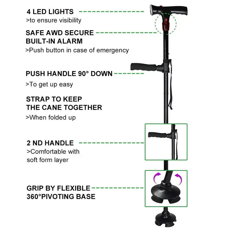 Collapsible Telescopic Cane Folding Crutch LED Lightweight Safety White Eucalyptus