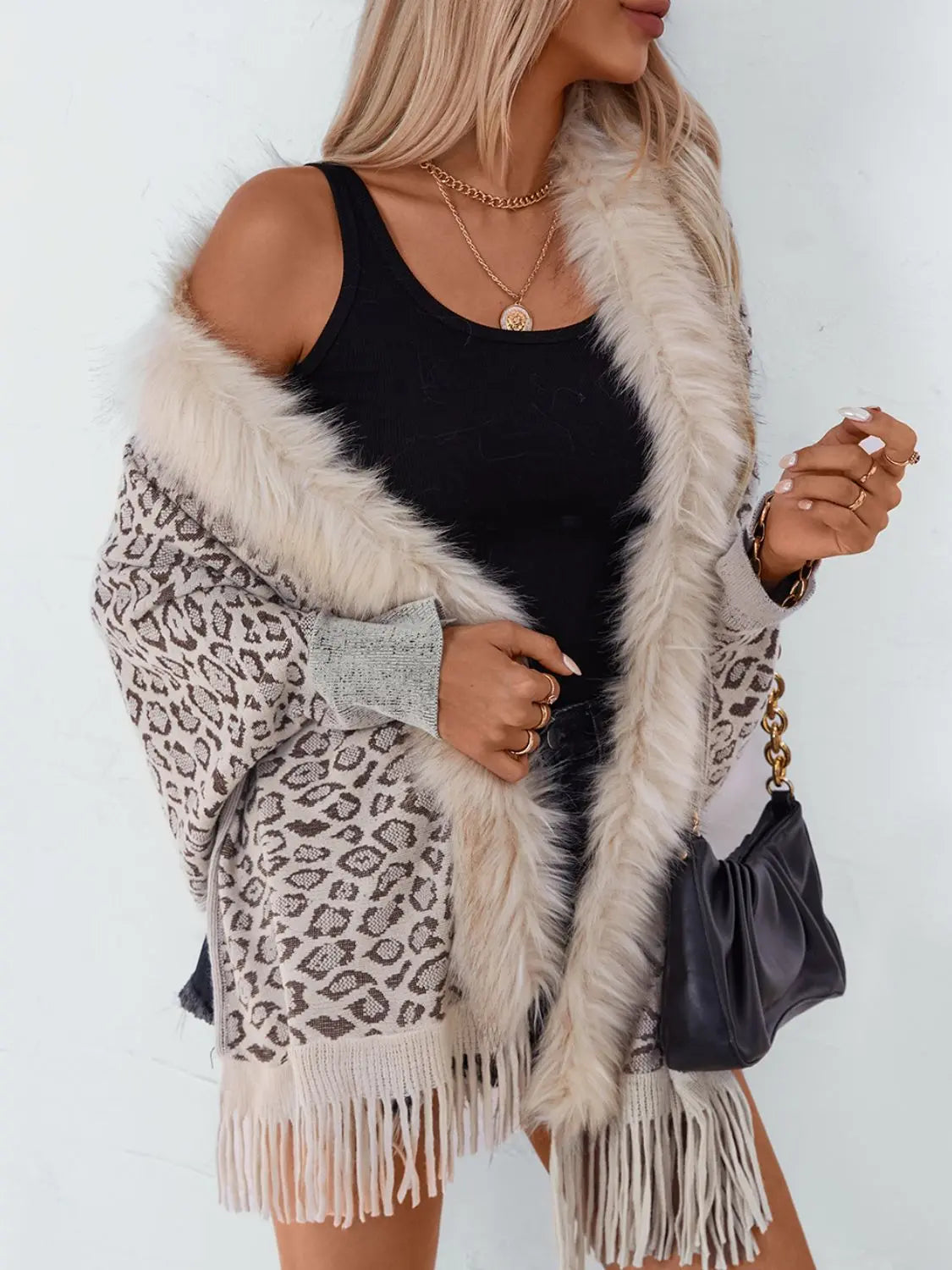 Fringe Leopard Open Front Long Sleeve Poncho Trendsi