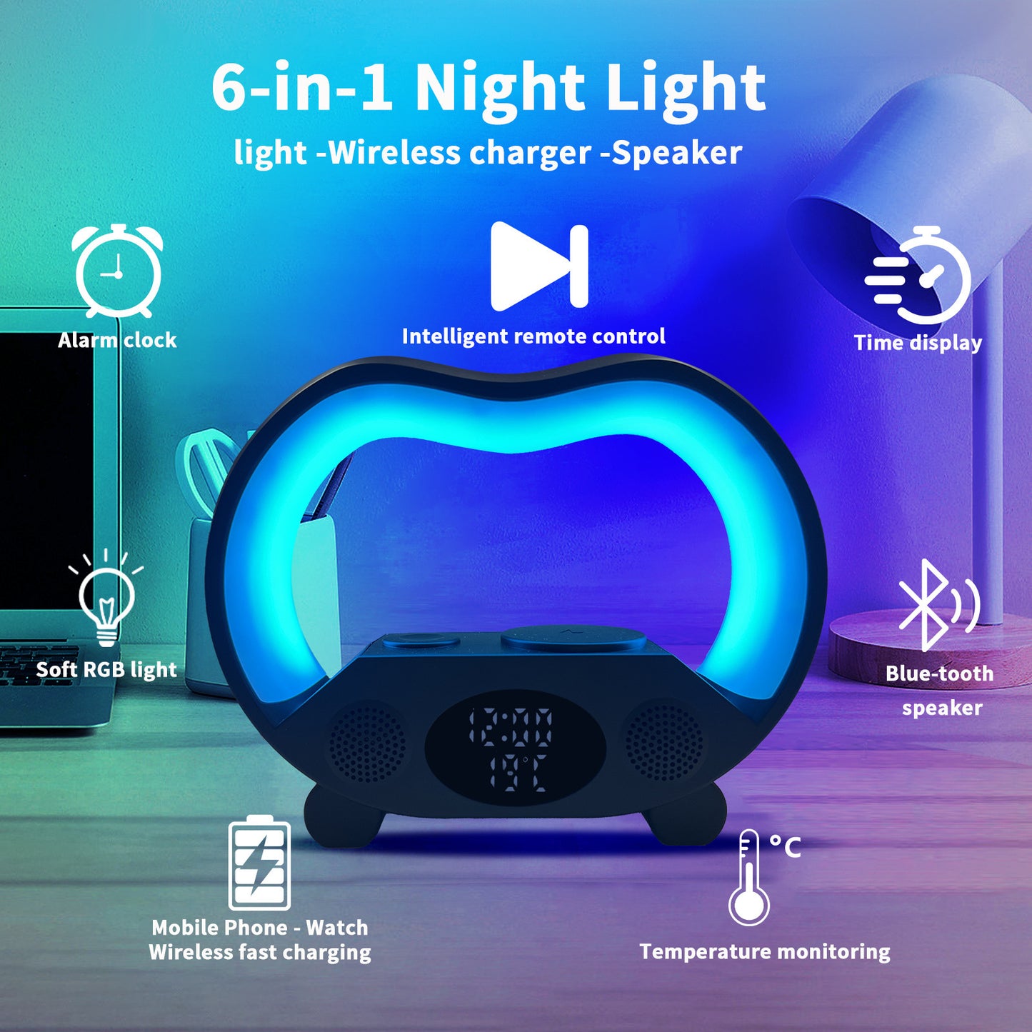 2024 New 6 In 1 Smart Remote Control Bluetooth-compatible Ambience Intelligent LED Table Lamp Multi-function Wireless Charger Night Light Bluetooth-compatible Speaker Magenta Charlie