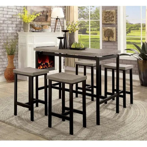 5 Pc Counter Height Table Set Two Tone Design Black Gray Dining Chairs Sturdy Metal Construction PVC Plastic Top Dining Room Furniture Magenta Charlie