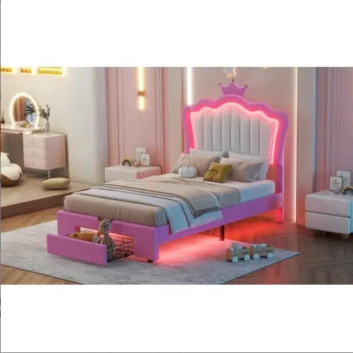 Twin Size Upholstered Bed Frame With LED Lights, Modern Upholstered Princess Bed With Crown Headboard, A Drawer Magenta Charlie