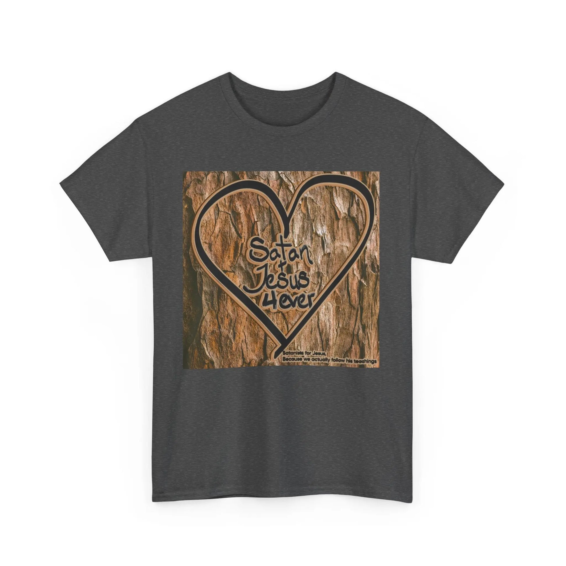 Graphic Tee - Wood Carved Heart Satan + Jesus Design Printify